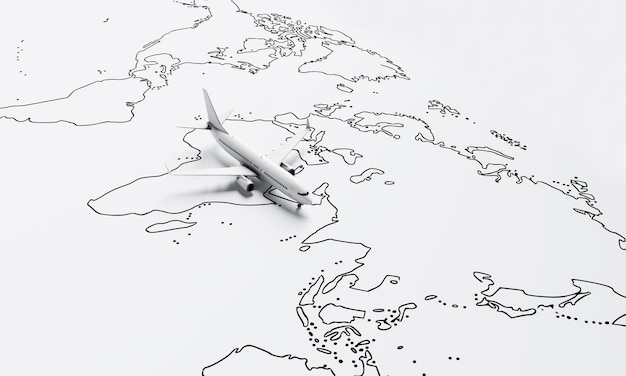 Plane flies above white paper map of the world travel
background travel and wanderlust concept 3d illustration
rendering