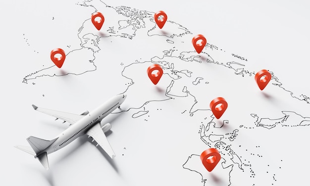 Plane flies above white paper map of the world travel with red location pins point background Travel and wanderlust concept 3D illustration rendering