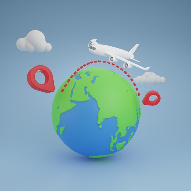 出発点からターゲットまで世界中を飛んでいる飛行機は、白い雲の3Dレンダリングを設定します。