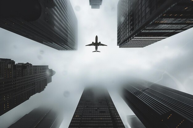 Photo a plane flying over a city with skyscrapers in the background