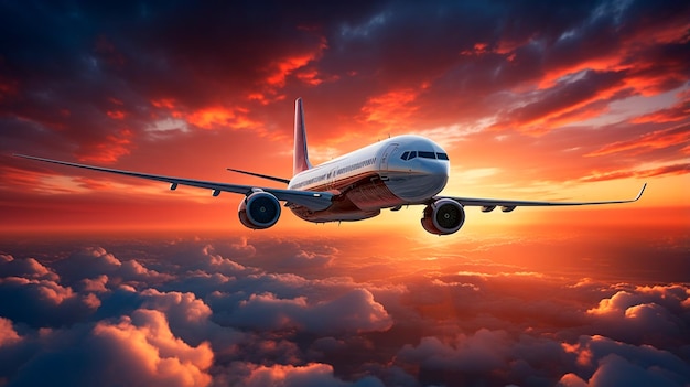 plane flying above clouds at sunset