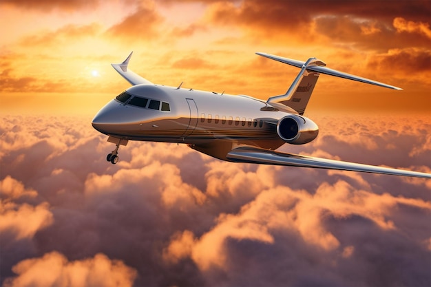 A plane flying above the clouds with the sun setting behind it.