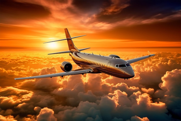 A plane flying above the clouds with the sun setting behind it