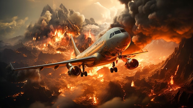 Plane flying over erupting volcano