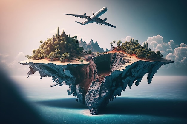 섬 초현실적인 여행 위를 비행하는 비행기