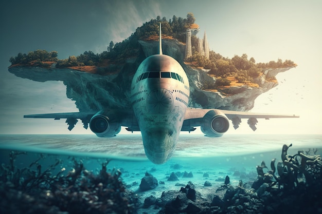 A plane flying above an island surrealistic travel