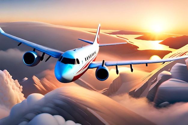 A plane flying over a mountain at sunset