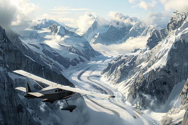 a plane flying over a mountain with a mountain in the background