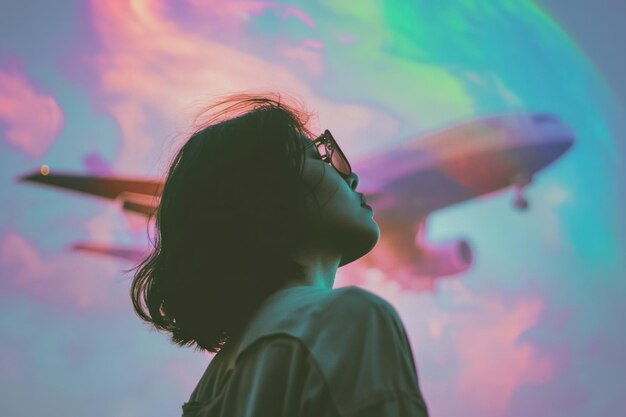 Photo a plane flying past a girl in the style of pop inspo