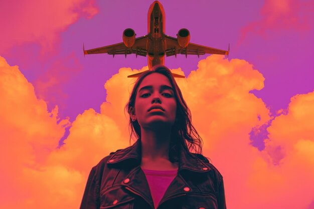 a plane flying past a girl in the style of pop inspo