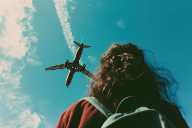ポップインスピレーションのスタイルで女の子の横を通過する飛行機