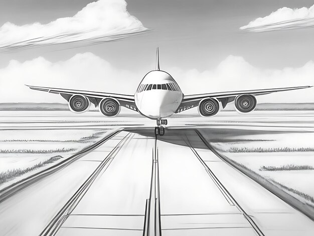 滑走路を飛ぶ飛行機とスケッチアートのイラストを手で描く