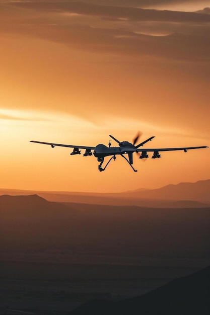 a plane flying in the sky at sunset