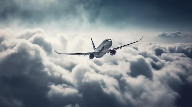 A plane flying in the sky with clouds in the background.