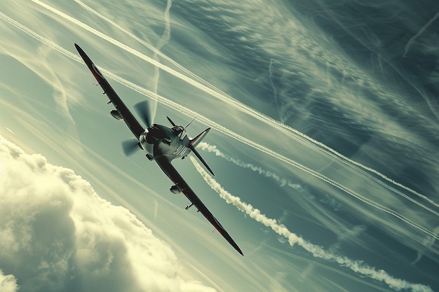 a plane flying in the sky with smoke trails from the plane