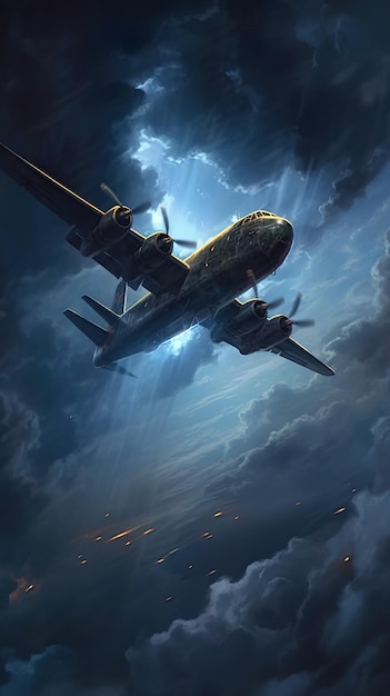 A plane flying through scarry cloud at the darkest hour