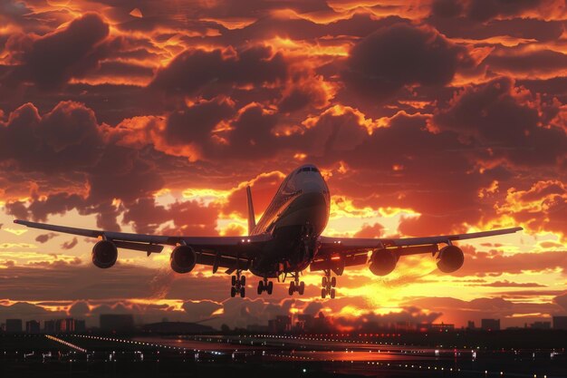 Foto l'aereo decolla al tramonto atterra al tramonto cielo nuvoloso