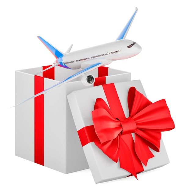 Plane inside gift box gift concept 3D rendering