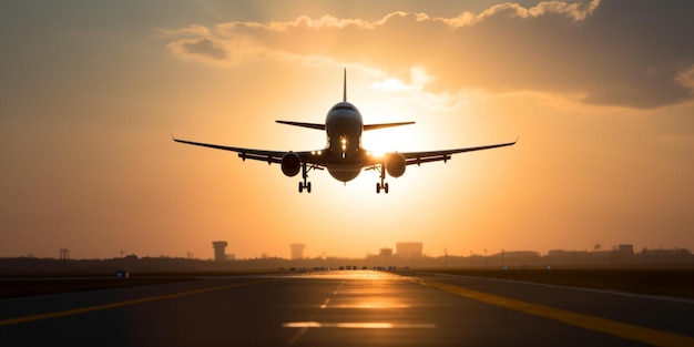 A plane is about to land at sunset.