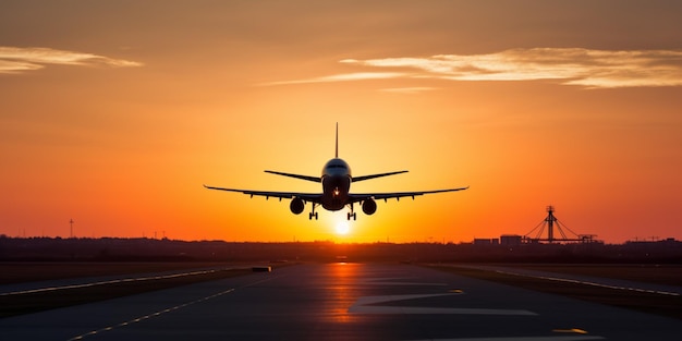 A plane is about to land at sunset.