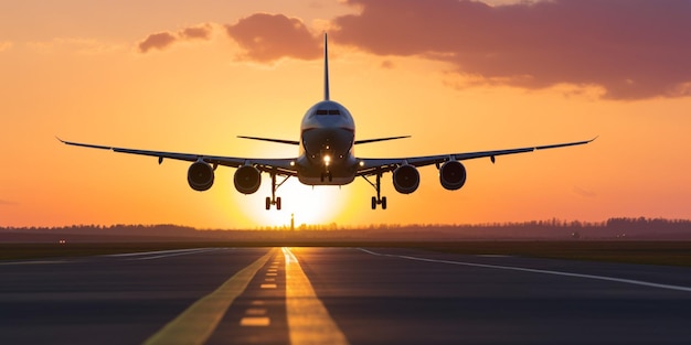 A plane is about to land at sunset.