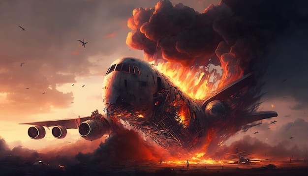 Самолет горит в небе Генеративный ИИ