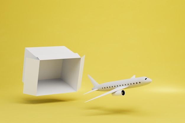 The plane is coming out of a large white box on a yellow background 3D render