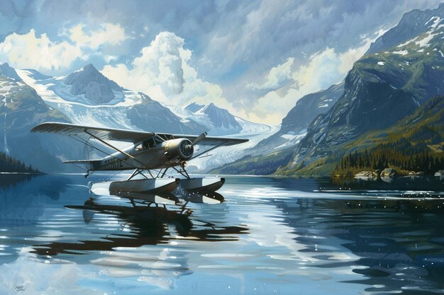 A plane is floating on the water with mountains in the background