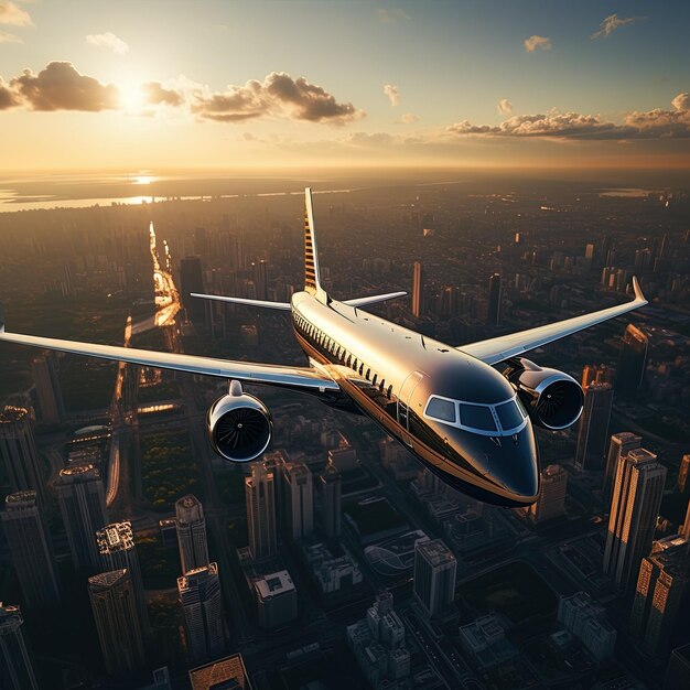 a plane is flying over a city with the city in the background