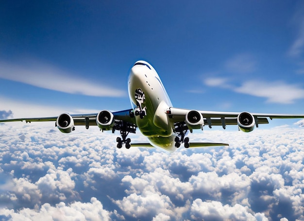 A plane is flying above the clouds with the word " air " on the front.