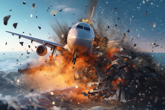 A plane is flying in a explosion with a explosion in the background