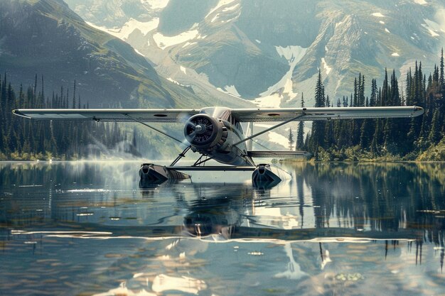 A plane is flying over a mountain lake