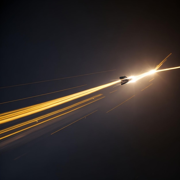 A plane is flying at night with a light trail behind it.