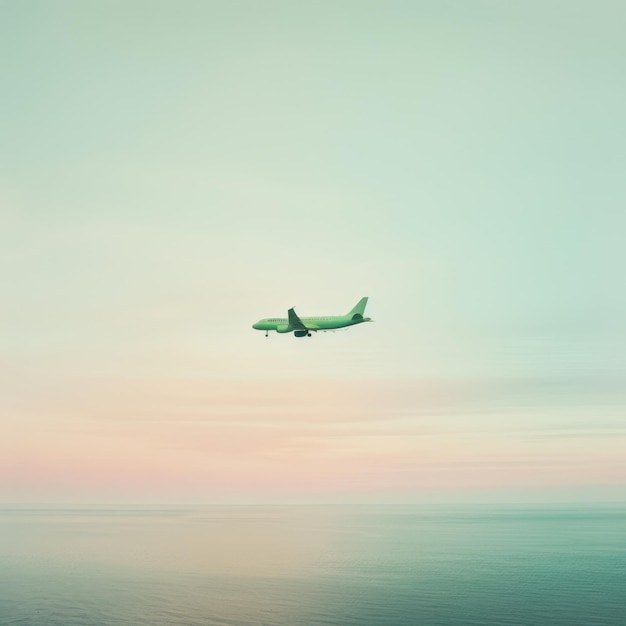 Foto un aereo vola sopra l'oceano e il cielo è blu