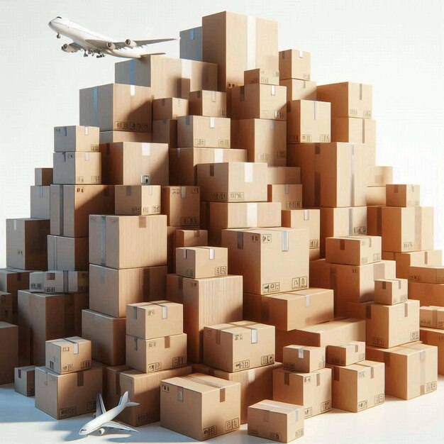 a plane is flying over a pile of boxes