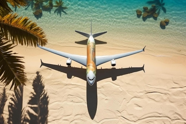 Photo a plane is flying over the sand and the water is a tropical scene