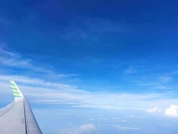 飛行機が空を飛んでいて、空は青い。