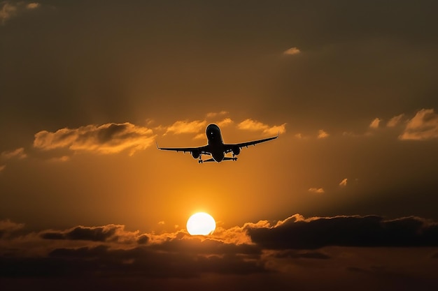 A plane is flying in the sky at sunset