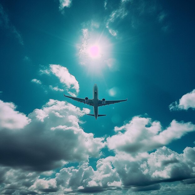 A plane is flying in the sky with the sun shining through the clouds