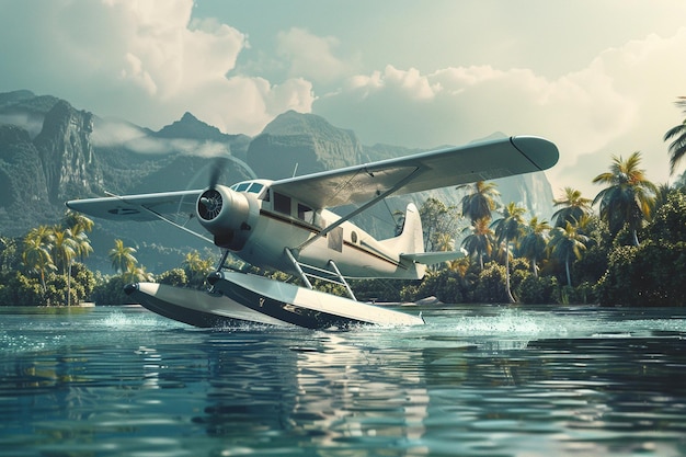 Photo a plane is flying over the water with palm trees in the background