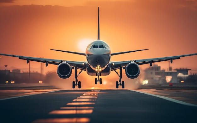 A plane is landing on the runway at sunset.