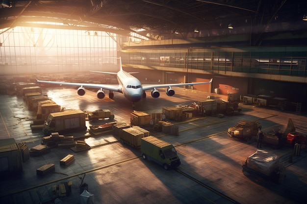 A plane is in a large hangar with a lot of cargo.