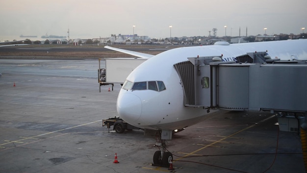 The plane is near the terminal in the international airport at dusk, wide angle