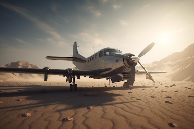 A plane is parked in the desert with the sun setting behind it.