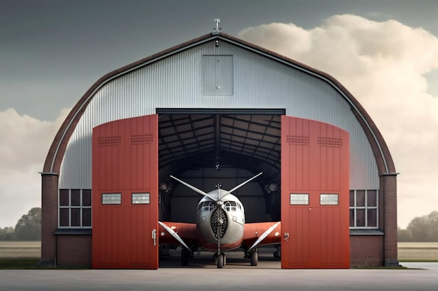 A plane is parked in a large barn with a cloudy sky behind it.