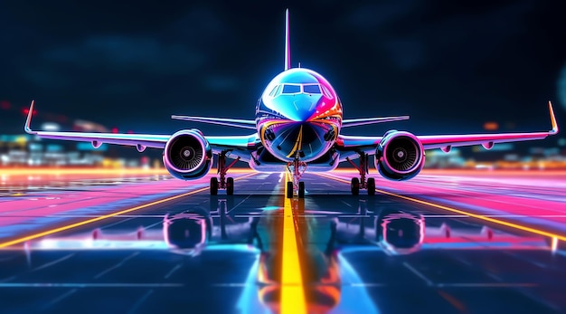 A plane is on a runway at night with the lights on