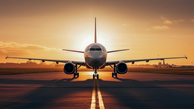 A plane is on the runway at sunset