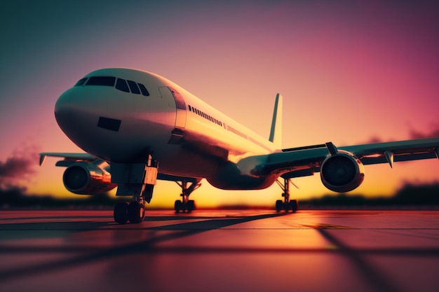 A plane is on the runway at sunset.