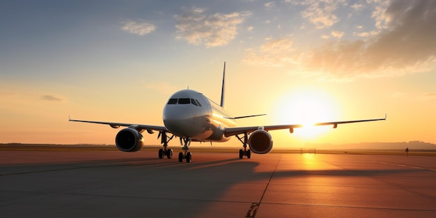 A plane is on the runway at sunset.