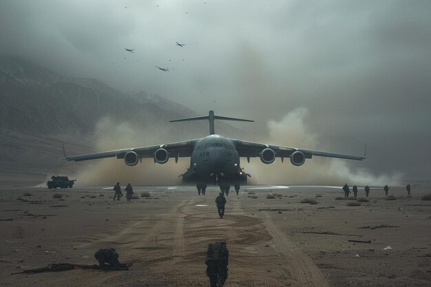 a plane is on the runway with people around it